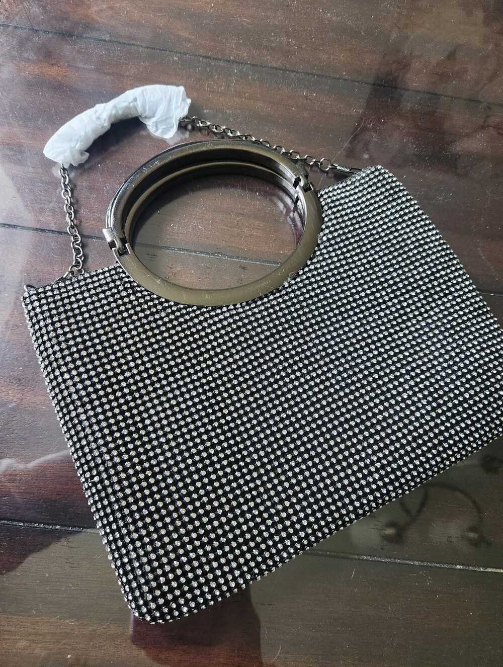 Black Crystal Mesh Evening Clutch with Metal Ring Handle,Small